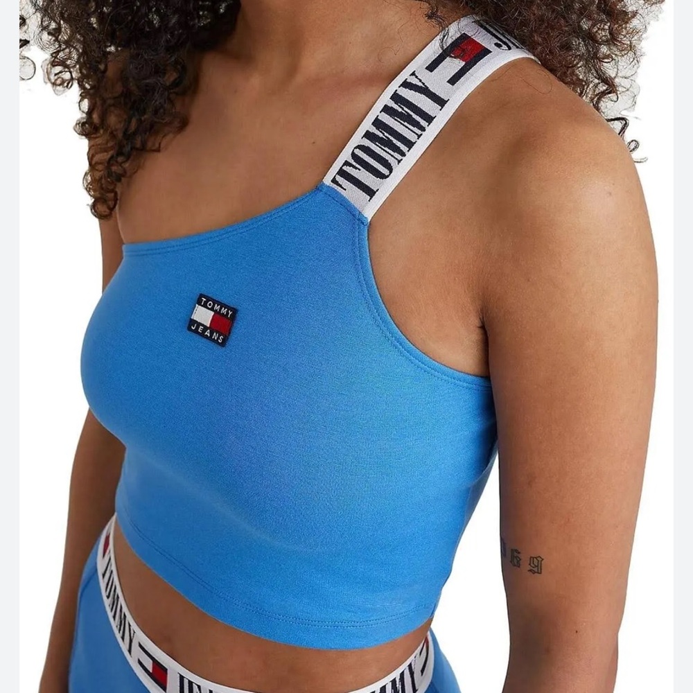 Tommy Hilfiger Logo Tape One Shoulder Tank Top in Blue